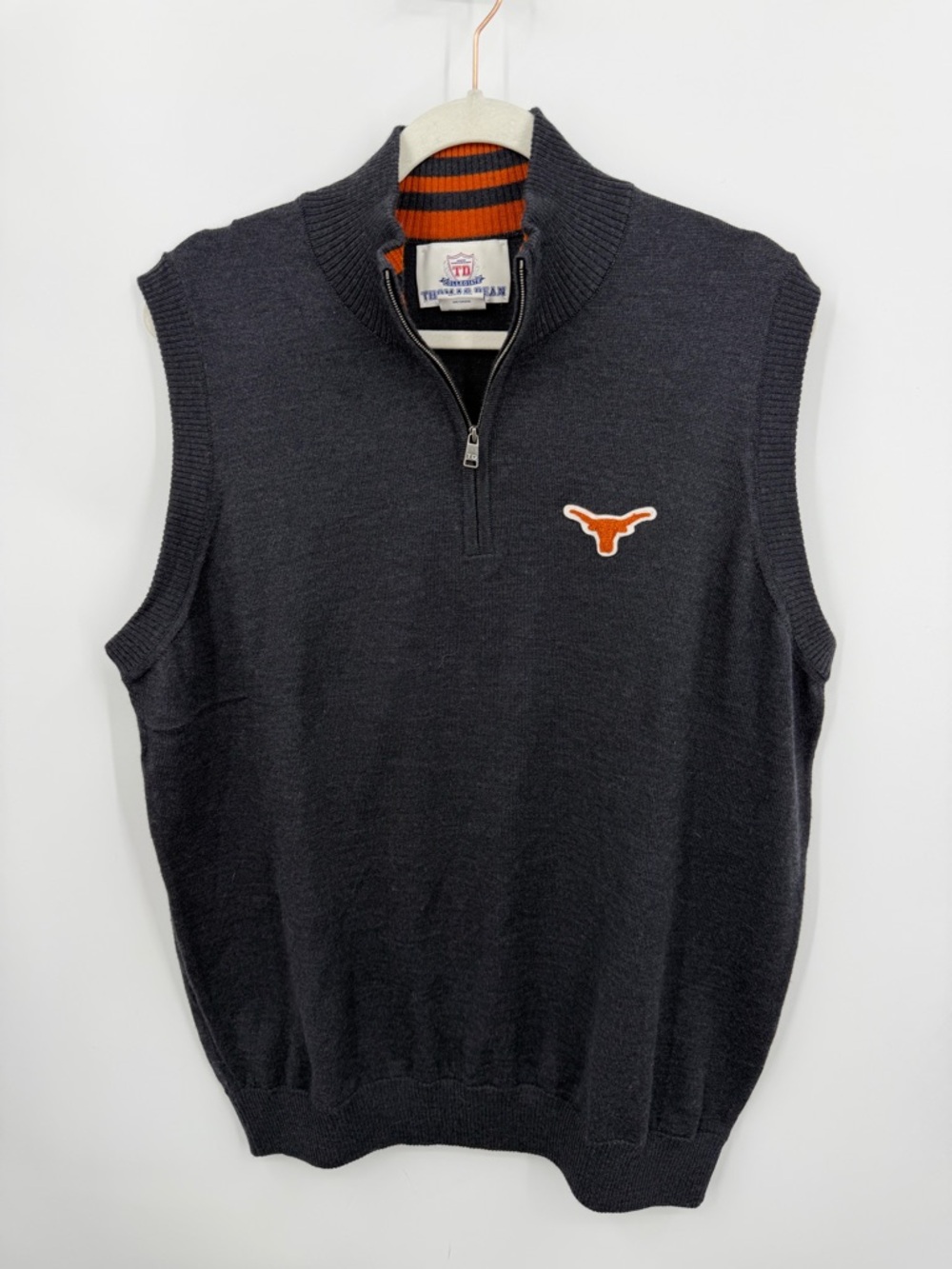 Thomas Dean University of Texas Merino Wool Knit sweater vest sz XL logo gray